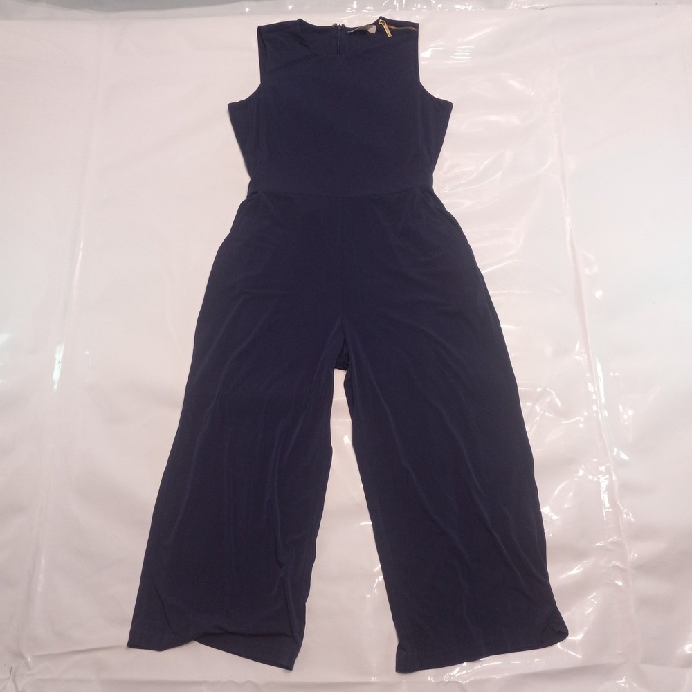 Michael Kors Womens Navy Blue Wide Leg Sleeveless Jumpsuit Size L Gold Zipper